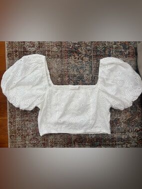 Altar'd State White Eyelet Cropped Top with Puff Sleeves